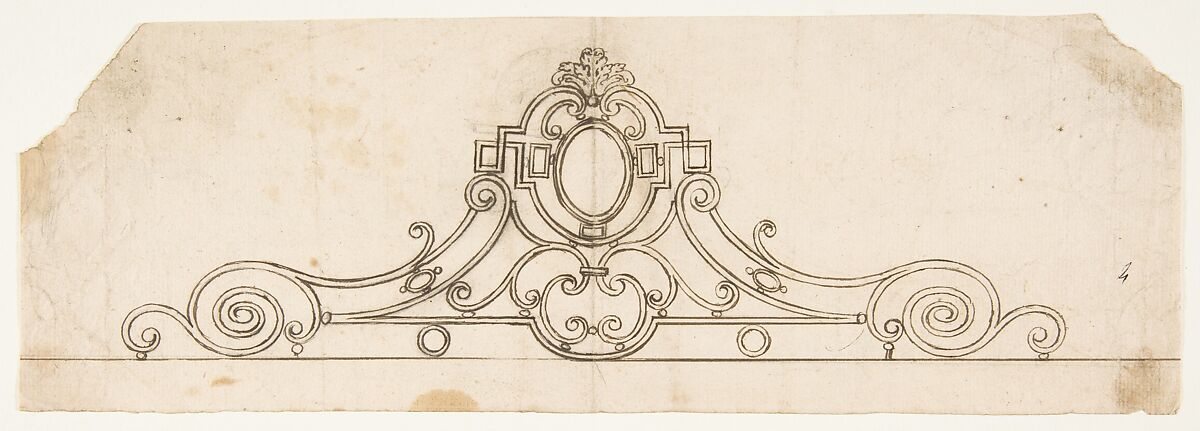 Motif for an Iron Balcony, Anonymous, French, 19th century, Pen and brown ink 