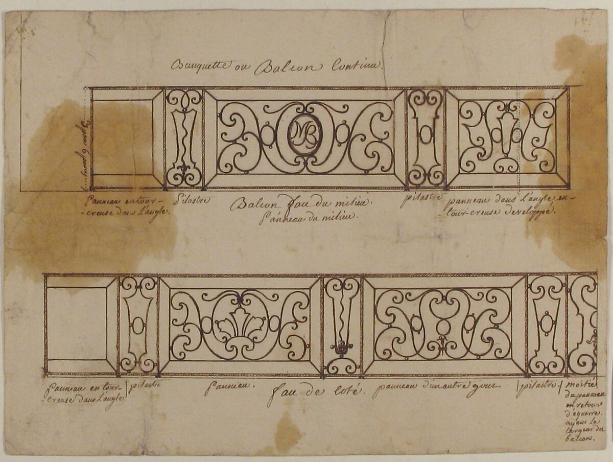 Two Designs for Iron Balconies, Anonymous, French, 19th century, Pen and brown ink