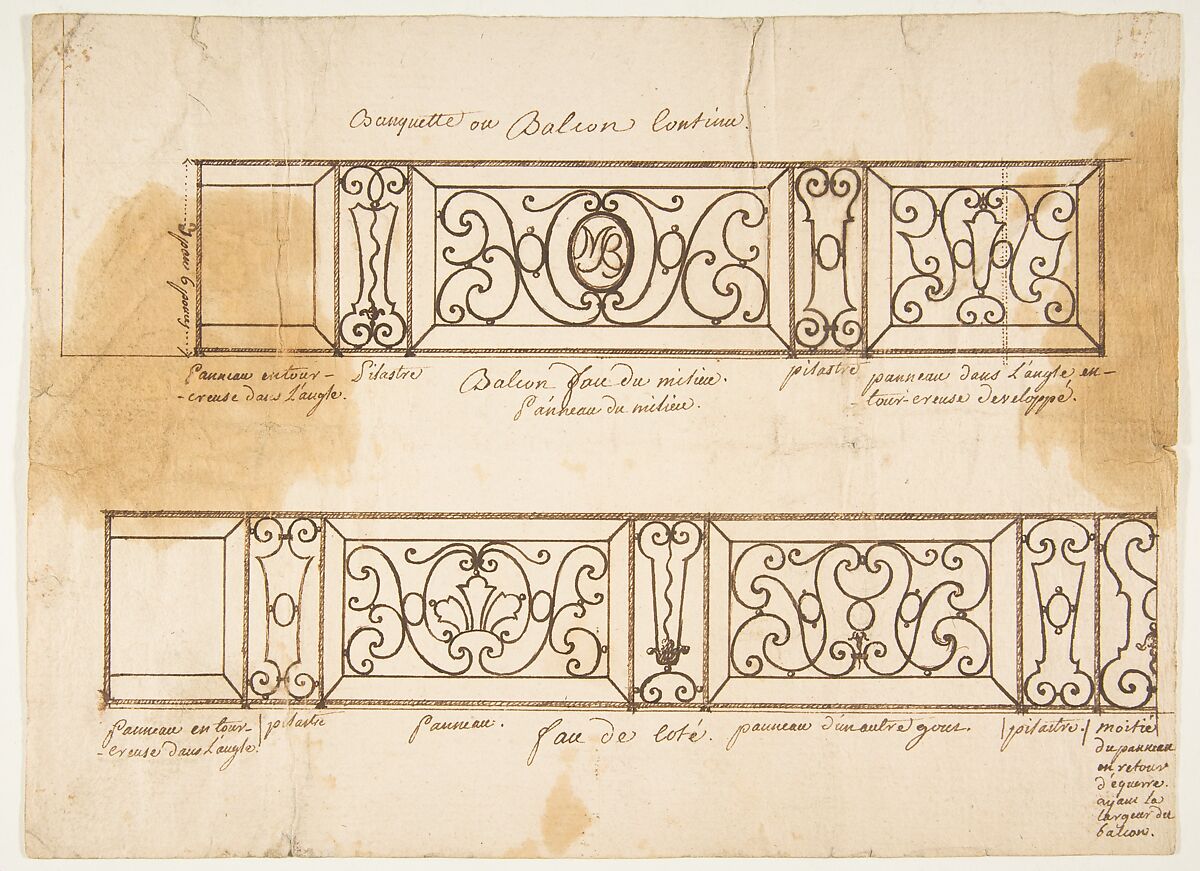 Two Designs for Iron Balconies, Anonymous, French, 19th century, Pen and brown ink 