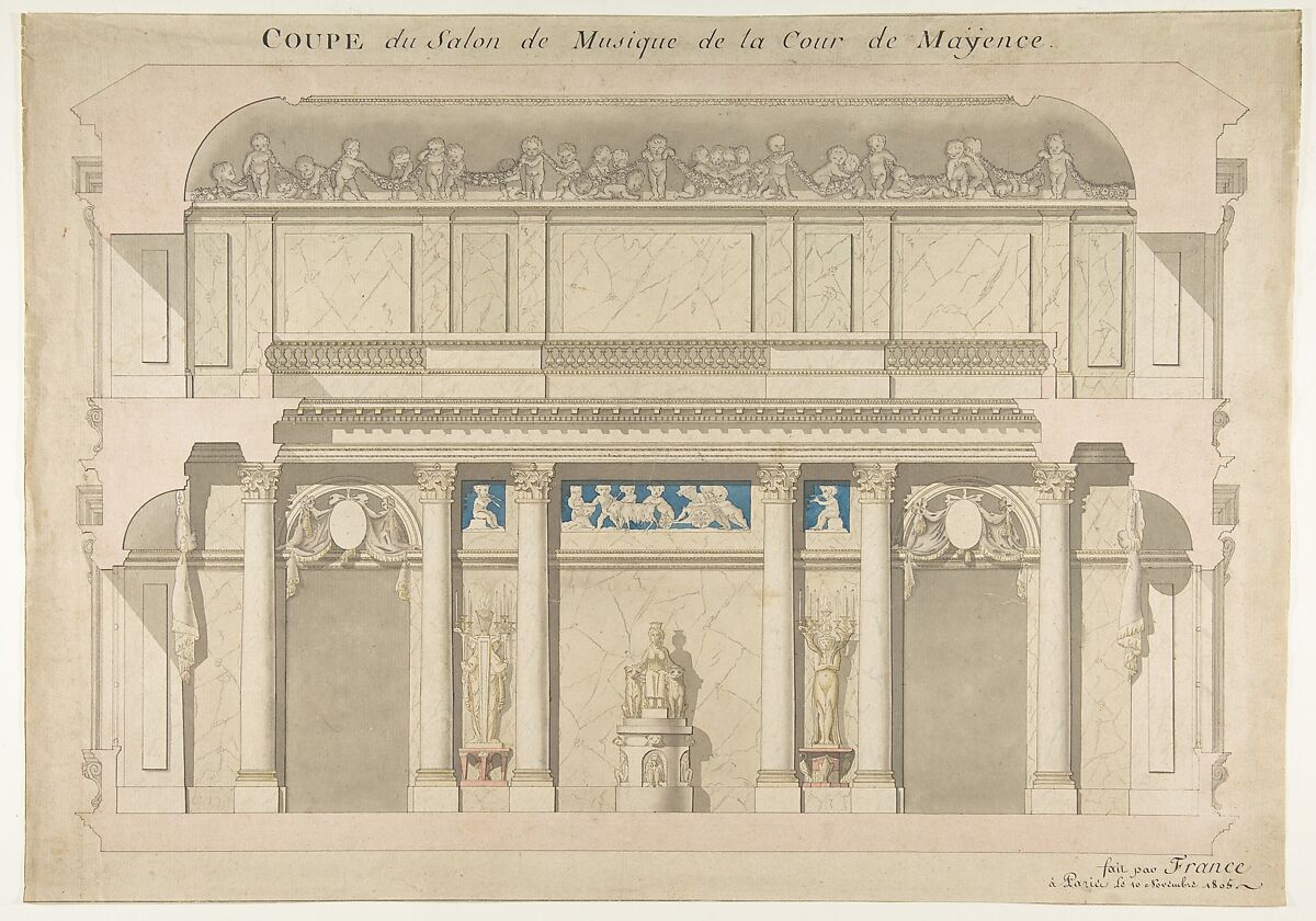 Design for a Music Room, Anonymous, French, 19th century, Pen and gray ink, brush and gray, yellow, blue, and pink wash. 
