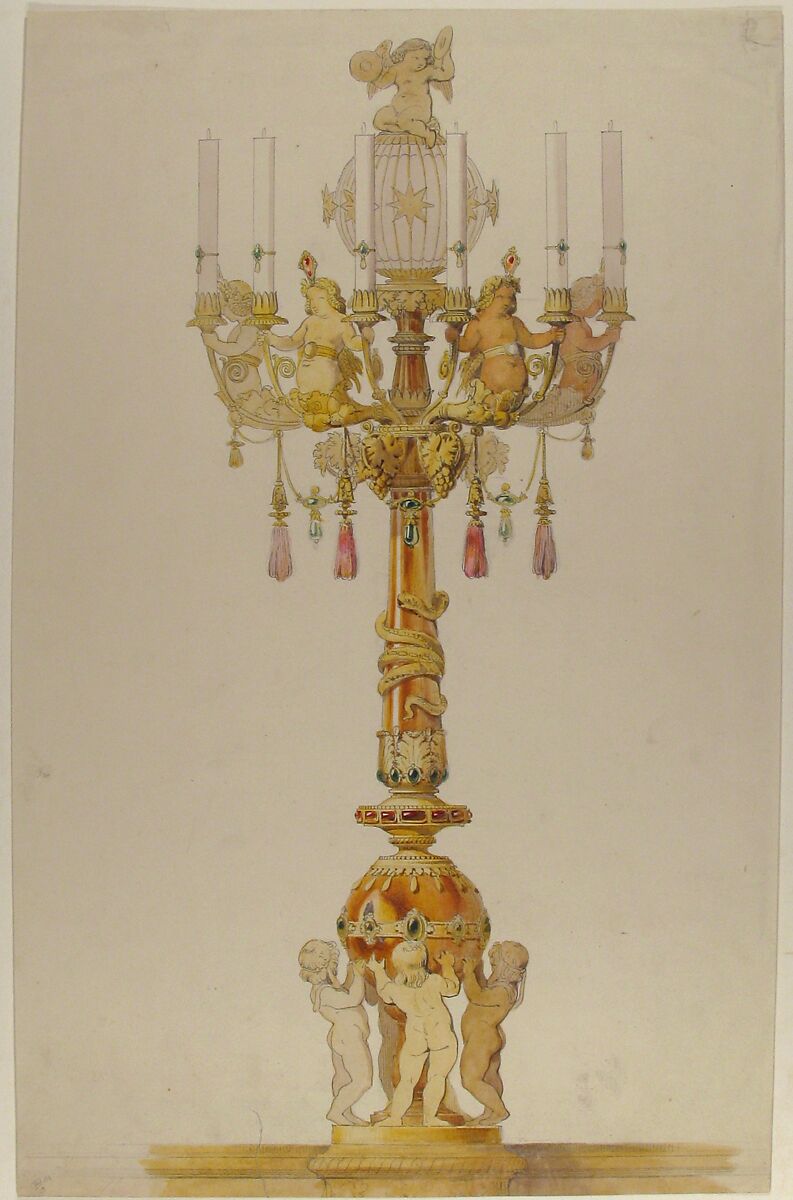 Design for a Candelabra, Aimé Chenavard (French, Lyons 1798–1838 Paris), Pen and gray ink, watercolor, over graphite