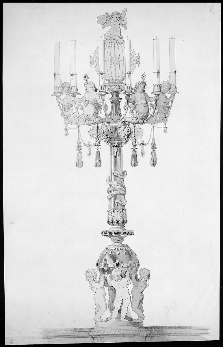 Design for a Candelabra, Aimé Chenavard (French, Lyons 1798–1838 Paris), Pen and gray ink, watercolor, over graphite