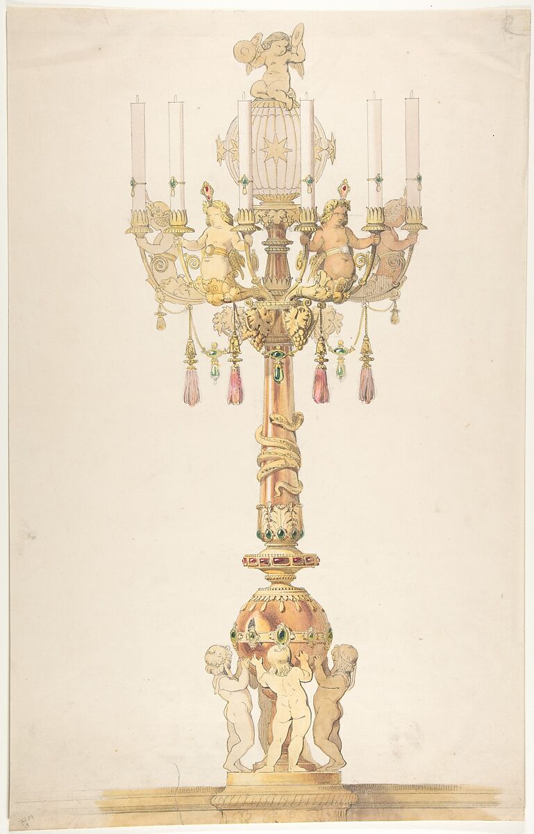 Design for a Candelabra, Aimé Chenavard (French, Lyons 1798–1838 Paris), Pen and gray ink, watercolor, over graphite 