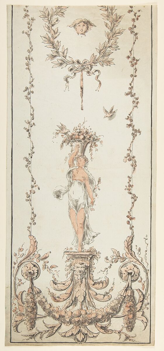 Design for an Ornamental Panel, Anonymous, French, 19th century, Pen and black ink, brush and orange, brown, and gray wash 