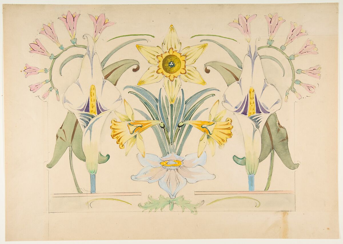 Flower Design: Daffodils and Calla Lilies, Anonymous, French, 19th century, Watercolor and gouache, over graphite 