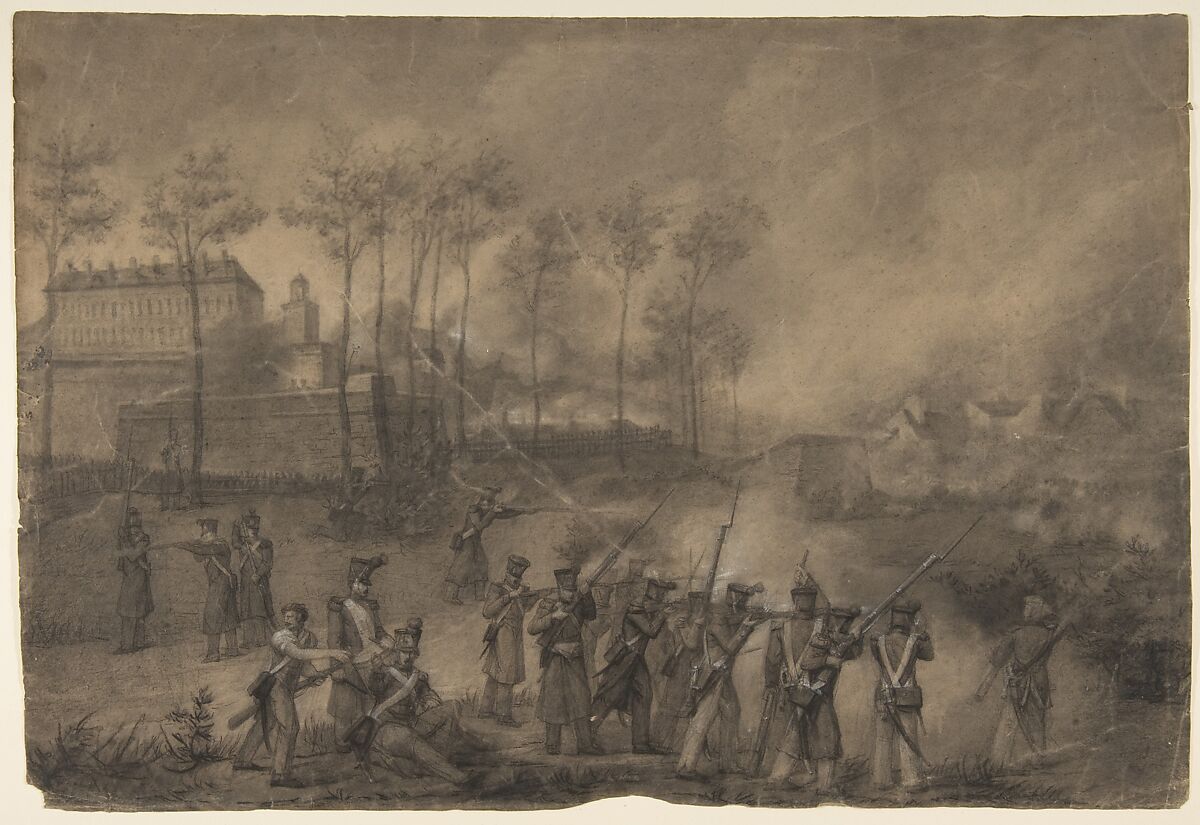 Battle Scene, Anonymous, French, 19th century, Black chalk, heightened with white 