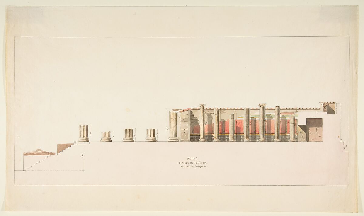 Cross-Section of the Temple of Jupiter, Pompeii, Anonymous, French, 19th century, Pen and black ink, watercolor 