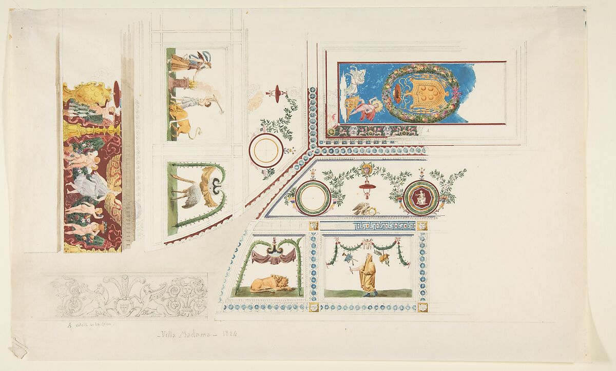 Ceiling, Cove, and Wall Decorations of the "Guilio Romano" Room, Villa Madama, Anonymous, French, 19th century, Graphite, watercolor, and gouache 