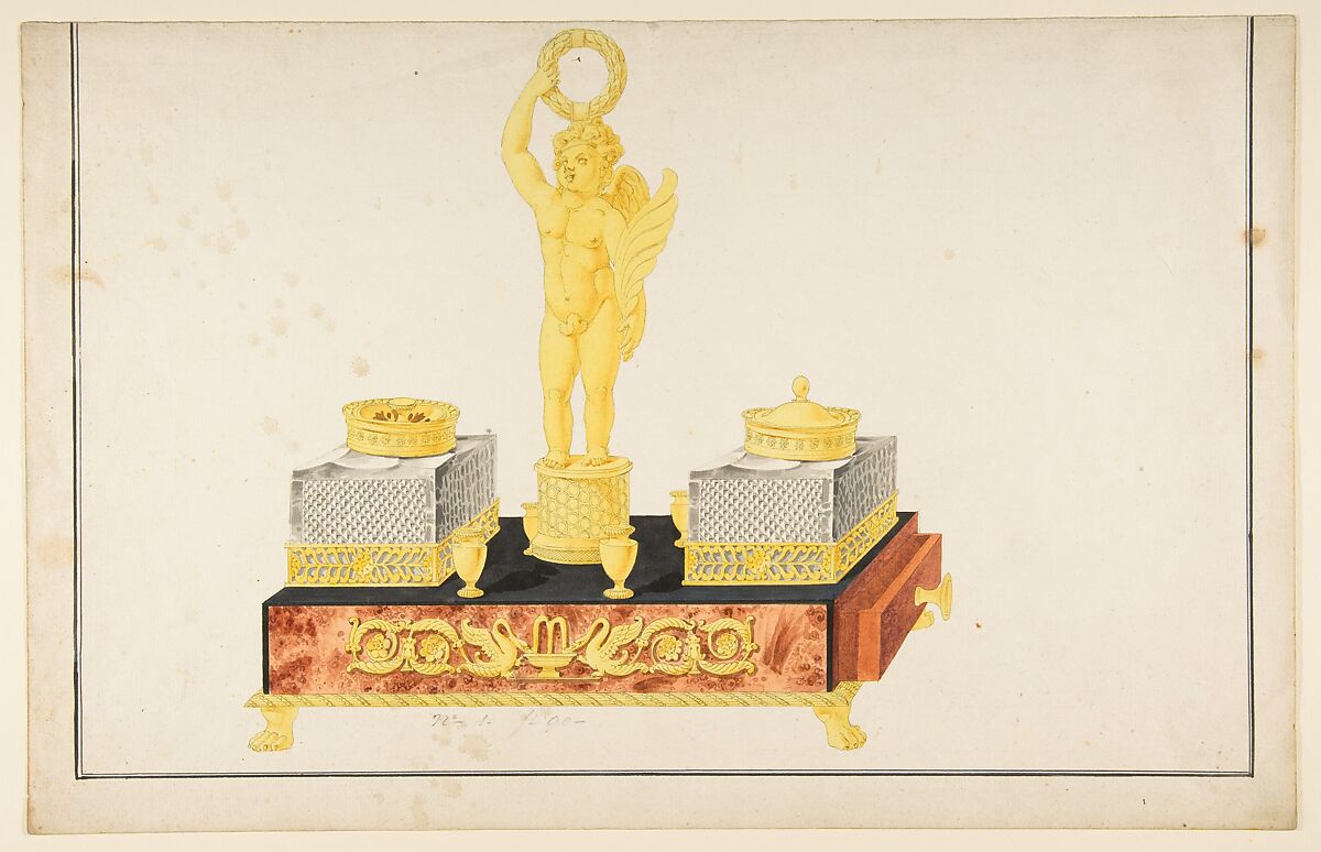 Design for a Pen and Ink Stand with a Cupid and Two Ink Wells, Anonymous, French, 19th century, Pen and gray ink, brush and gray, yellow, brown, and black wash; framing lines in pen and black ink 