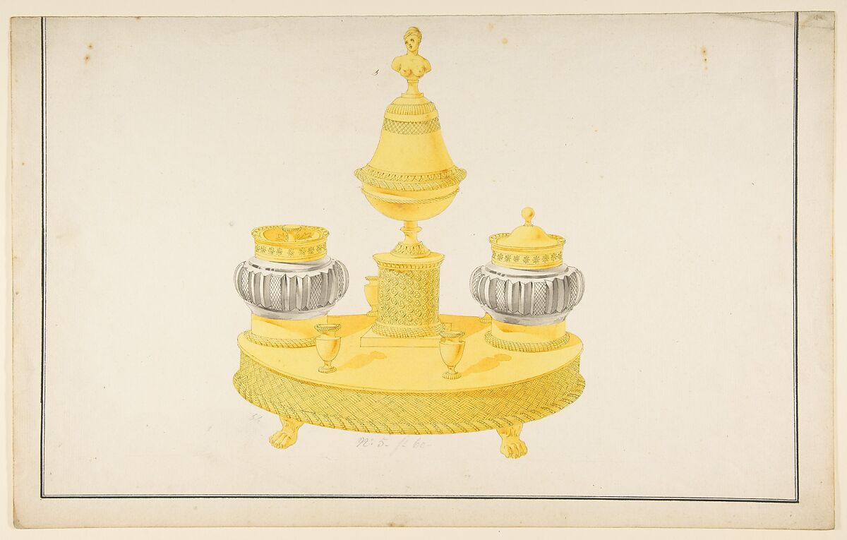 Design for a Pen and Ink Stand, Anonymous, French, 19th century, Pen and gray ink, brush and gray and yellow wash; framing lines in pen and black ink 