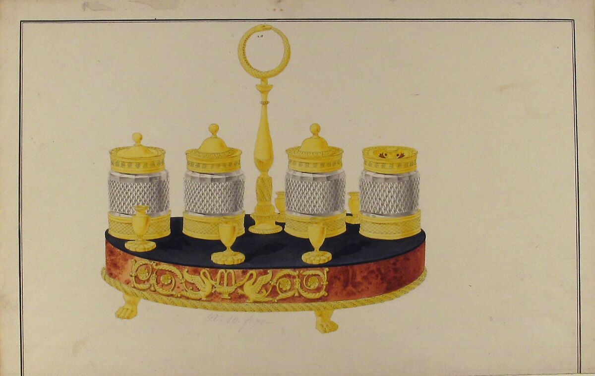 Design for a Pen and Ink Stand, Anonymous, French, 19th century, Pen and gray ink, brush and gray. yellow, brown, and black wash; framing lines in pen and black ink