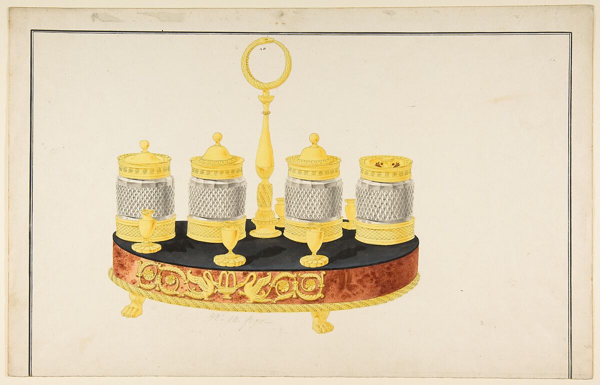 Design for a Pen and Ink Stand, Anonymous, French, 19th century, Pen and gray ink, brush and gray. yellow, brown, and black wash; framing lines in pen and black ink 