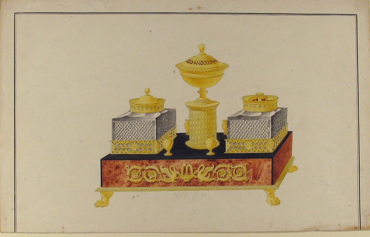 Design for a Pen and Ink Stand, Anonymous, French, 19th century, Pen and gray ink, brush and gray, yellow, brown, and black wash; framing lines in pen and black ink