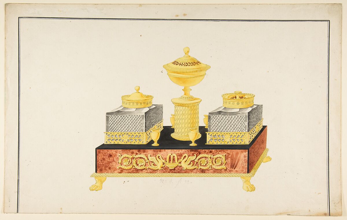 Design for a Pen and Ink Stand, Anonymous, French, 19th century, Pen and gray ink, brush and gray, yellow, brown, and black wash; framing lines in pen and black ink 