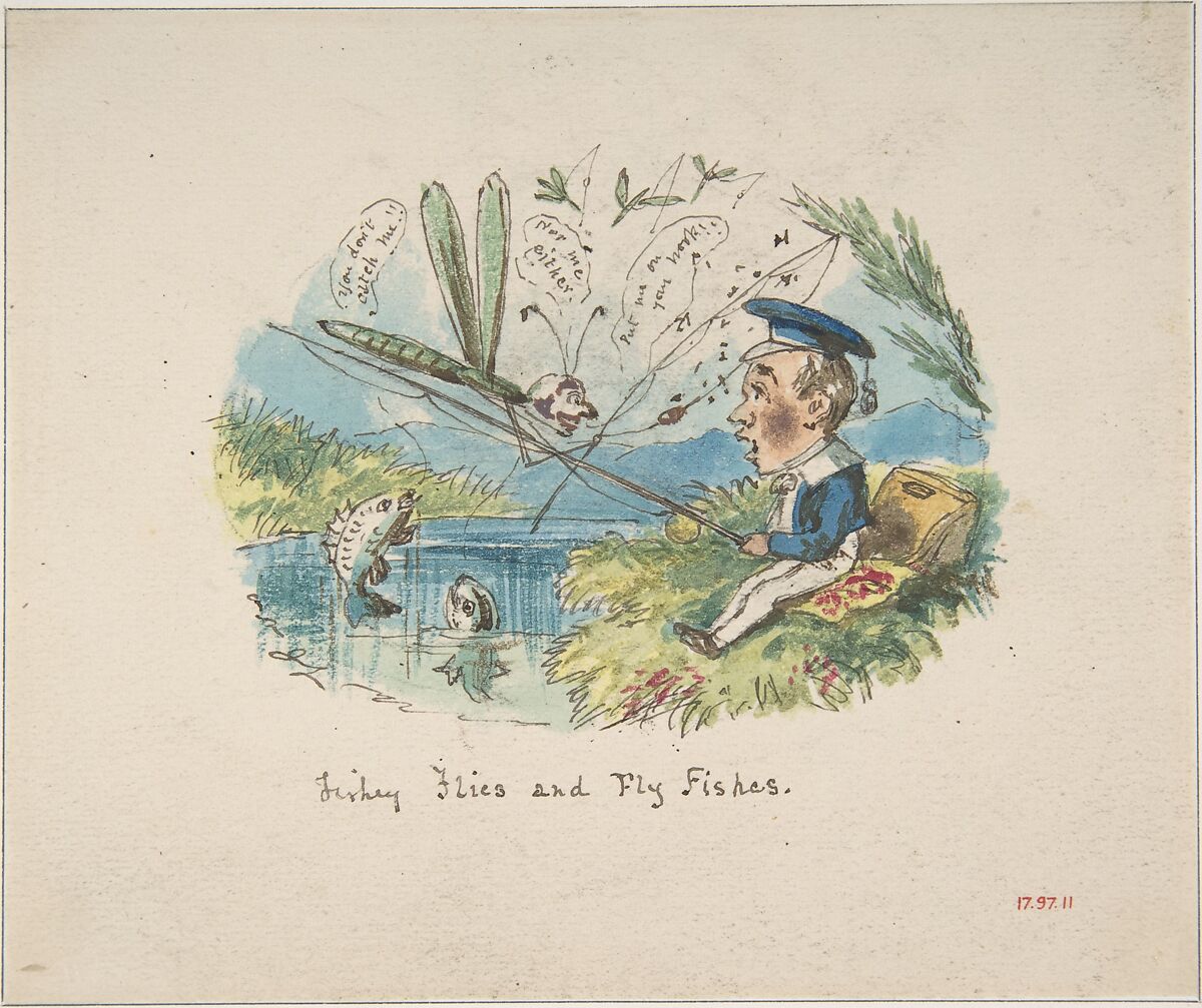 Fishey Flies and Fly Fishes (recto); Typeface Designs (verso), John Leech (British, London 1817–1864 London), Watercolor, pen and brown ink, over graphite 