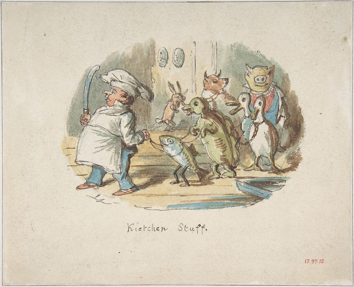 Kitchen Staff (recto); Mountainous Landscape with Hiker (verso), John Leech (British, London 1817–1864 London), Recto: watercolor, pen and brown ink over graphite
Verso: watercolor over graphite 