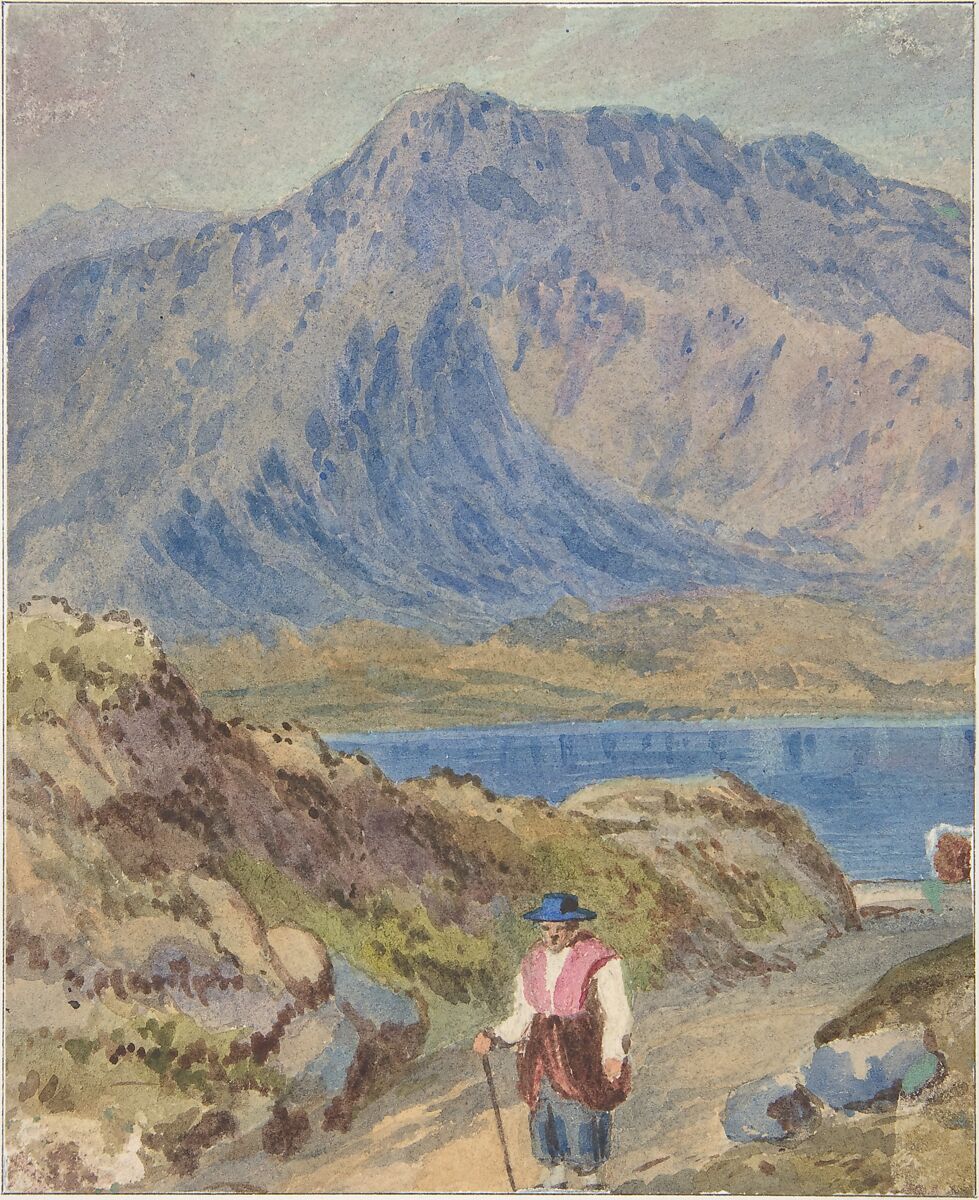 Kitchen Staff (recto); Mountainous Landscape with Hiker (verso), John Leech (British, London 1817–1864 London), Recto: watercolor, pen and brown ink over graphite
Verso: watercolor over graphite