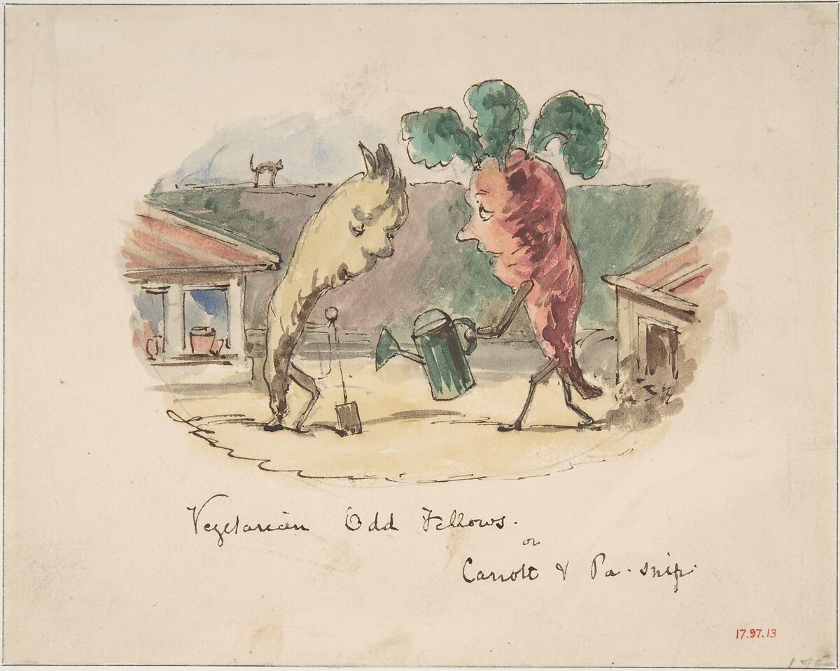 "Vegetarian Odd Fellows: or, Carrott and Pa-Snip", John Leech (British, London 1817–1864 London), Watercolor, pen and brown ink, over graphite 