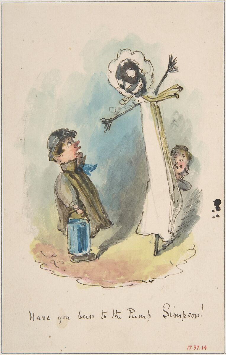 "Have You Been to the Pump, Simpson?", John Leech (British, London 1817–1864 London), Watercolor, pen and brown ink, over graphite 