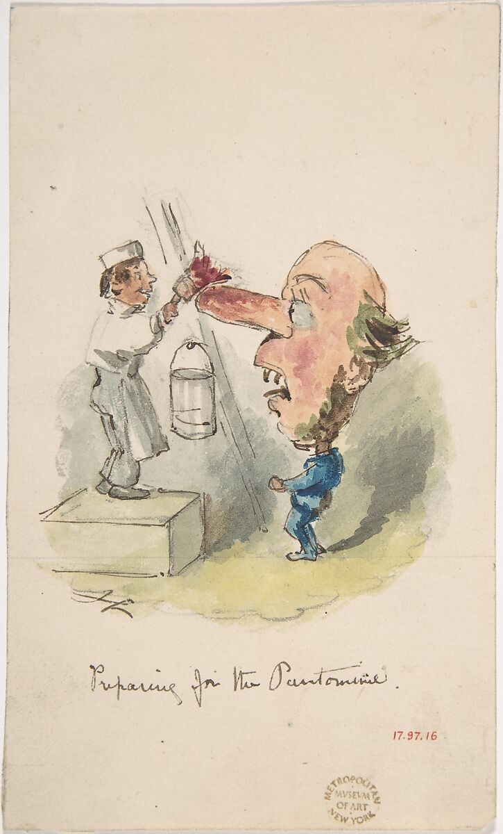 "Preparing for the Pantomime", John Leech (British, London 1817–1864 London), Watercolor, pen and brown ink, over graphite 