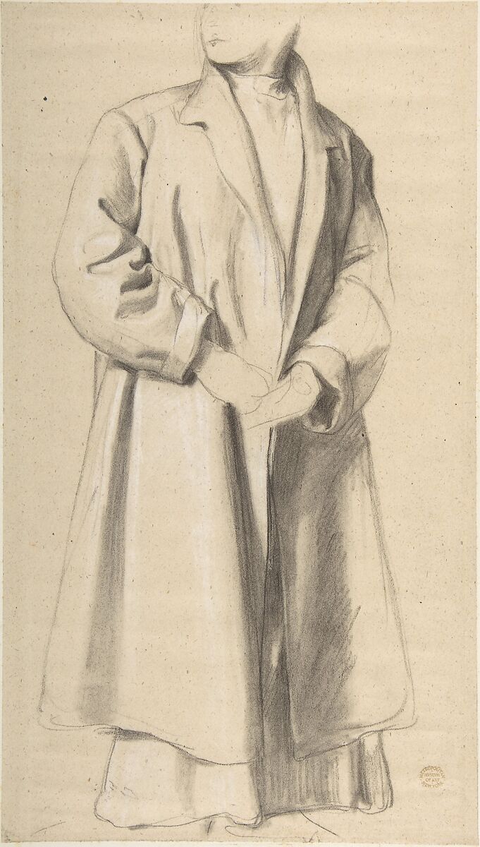 Standing Figure in a Long Coat, Romain Cazes (French, Saint-Béat 1808–1881 Saint-Gaudens), Black chalk highlighted with white chalk 