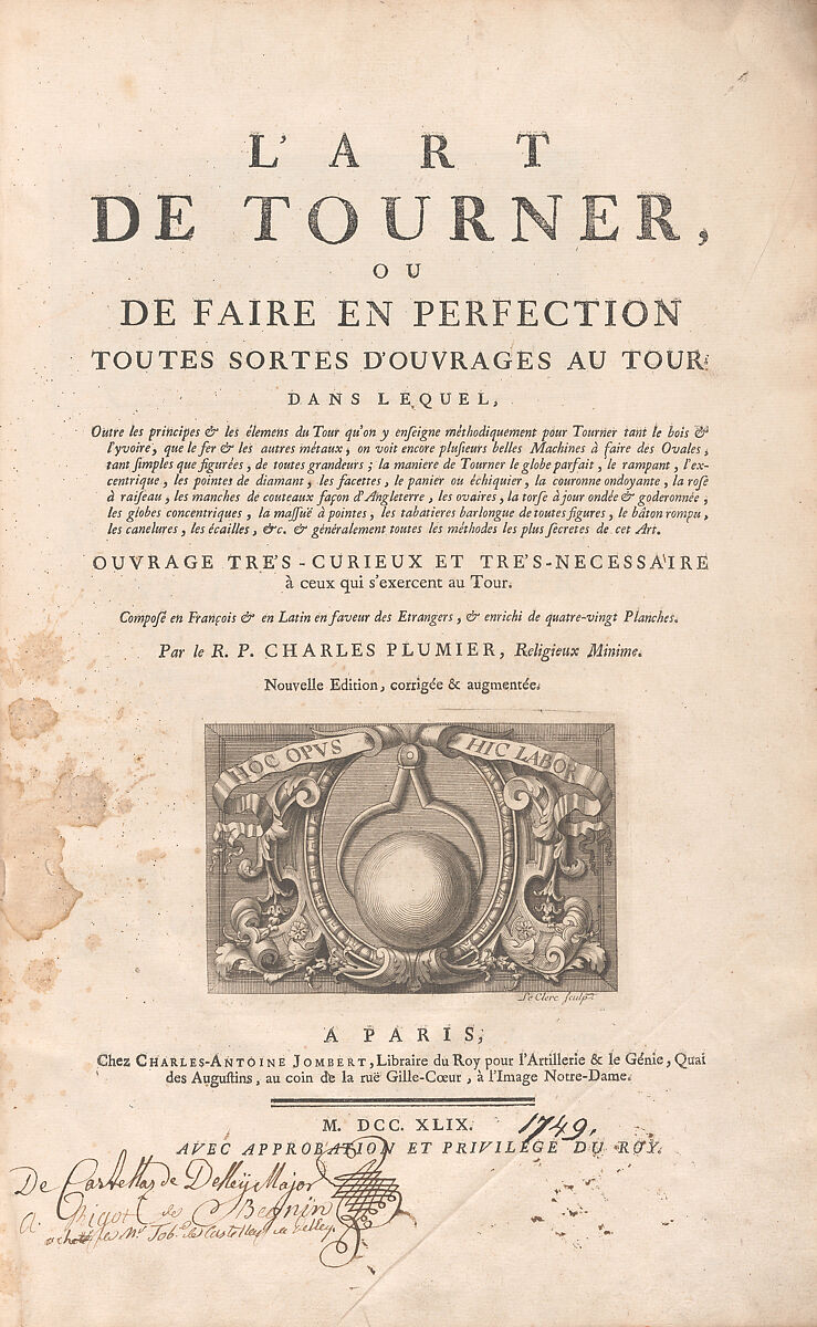 L'Art de Tourner, ou de faire en perfection toutes sortes d'ouvrages au tour, Written by Charles Plumier, Engraving