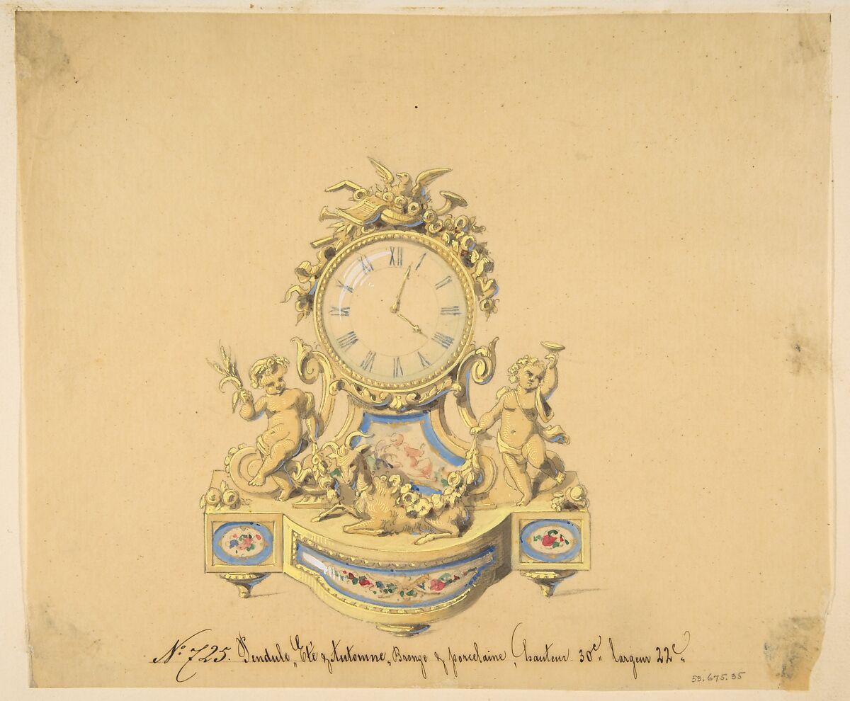 Design for a Clock: Summer and Autumn, Anonymous, French, 19th century, Graphite, pen and black ink, brush and gray wash, watercolor, and gouache 