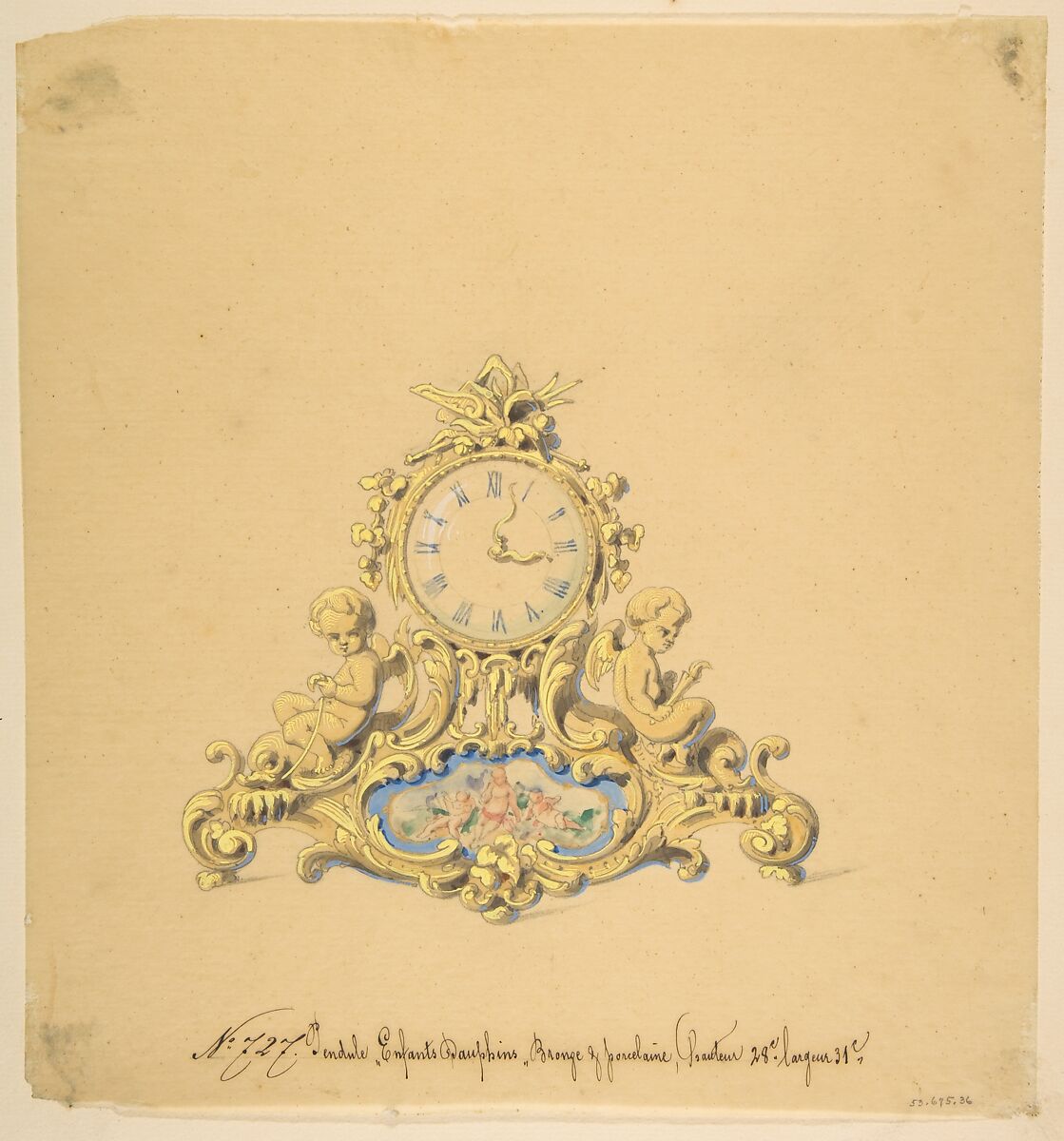 Design for a Clock with Two Cherubs, Anonymous, French, 19th century, Graphite, pen and black ink, brush and gray wash, watercolor, and gouache 