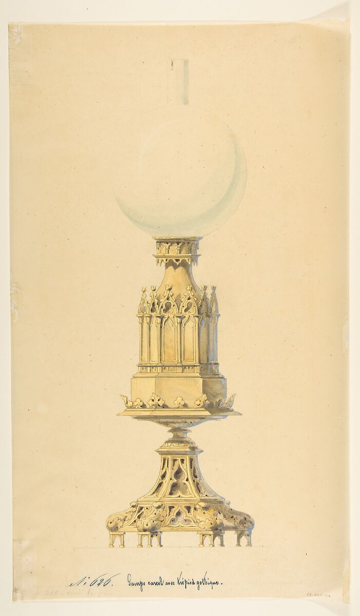 Design for an Oil Lamp, Anonymous, French, 19th century, Graphite, brush and gray wash, watercolor, and gouache 