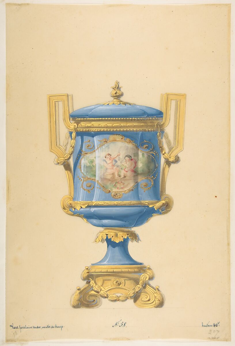 Design for an Urn, Anonymous, French, 19th century, Graphite, brush and gray wash, watercolor, gouache, and gold gilt 
