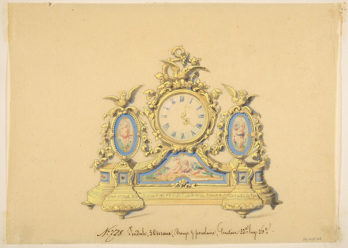 Design for a Clock: Three Birds, Anonymous, French, 19th century, Graphite, brush and gray wash, watercolor, gouache, and gold gilt 