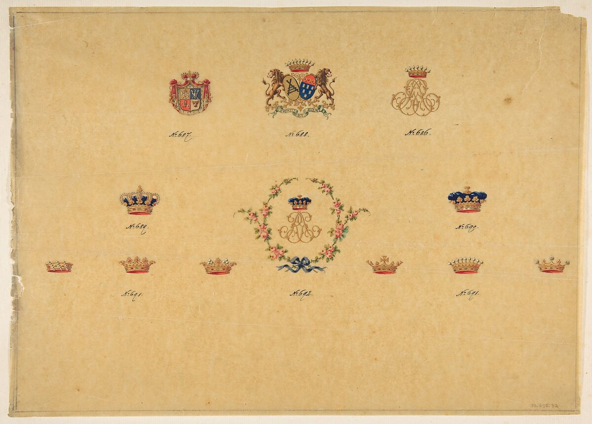 Sheet of Monogram Designs, Anonymous, French, 19th century, Pen and blue ink, watercolor, gouache, and gold gilt 