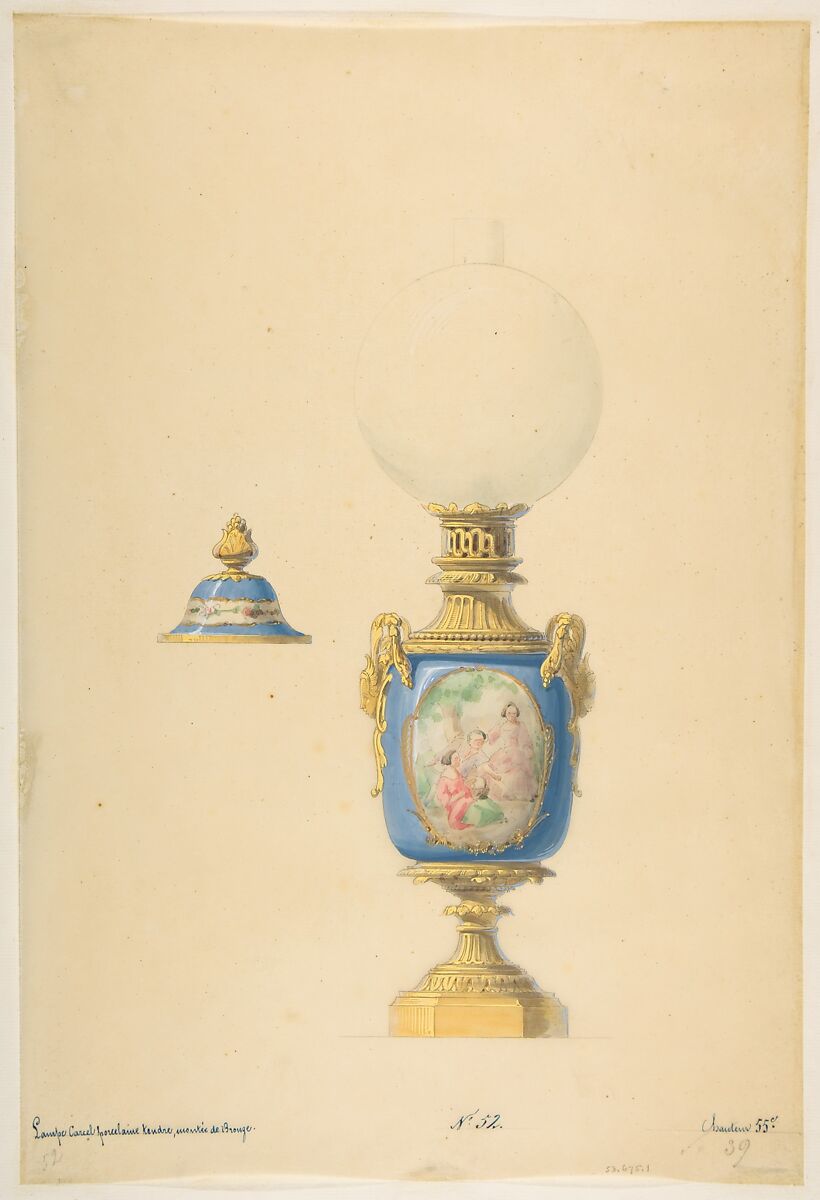 Design for an Oil Lamp and Lid, Anonymous, French, 19th century, Graphite, brush and gray wash, watercolor, gouache, and gold gilt 