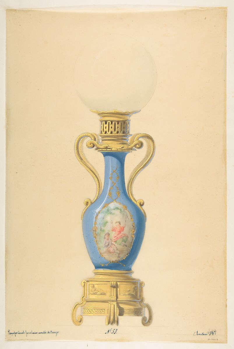 Design for an Oil Lamp, Anonymous, French, 19th century, Graphite, brush and gray wash, watercolor, gouache, and gold gilt 