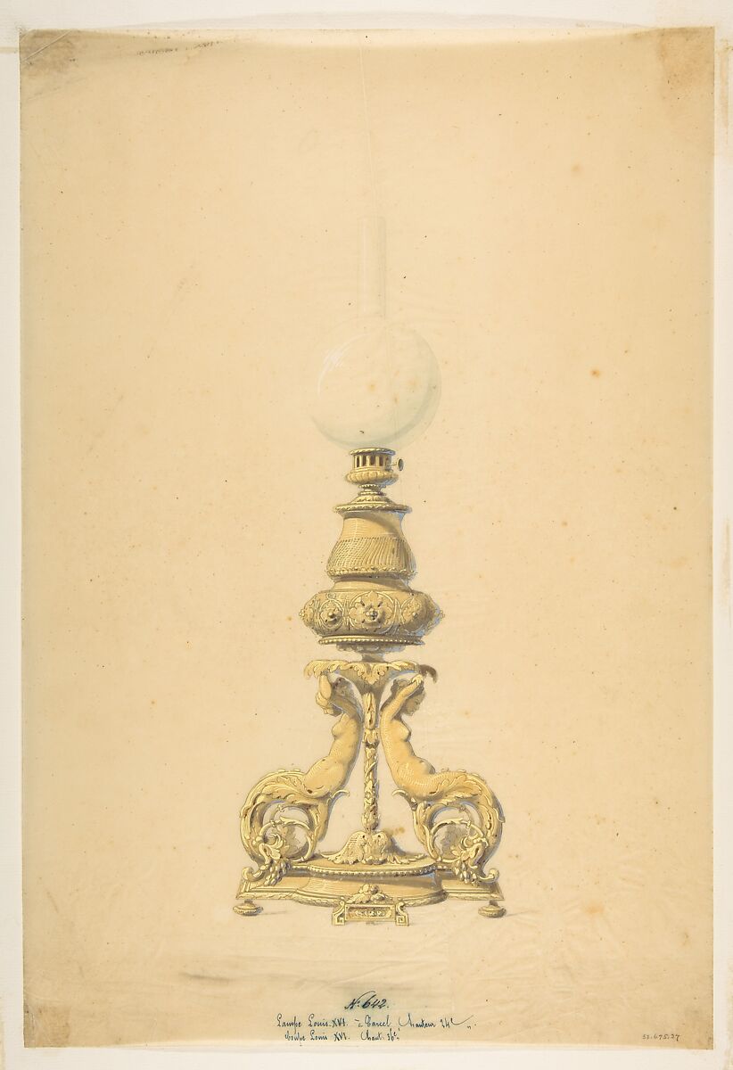Design for an Oil Lamp, Anonymous, French, 19th century, Graphite, brush and gray wash, and gouache 