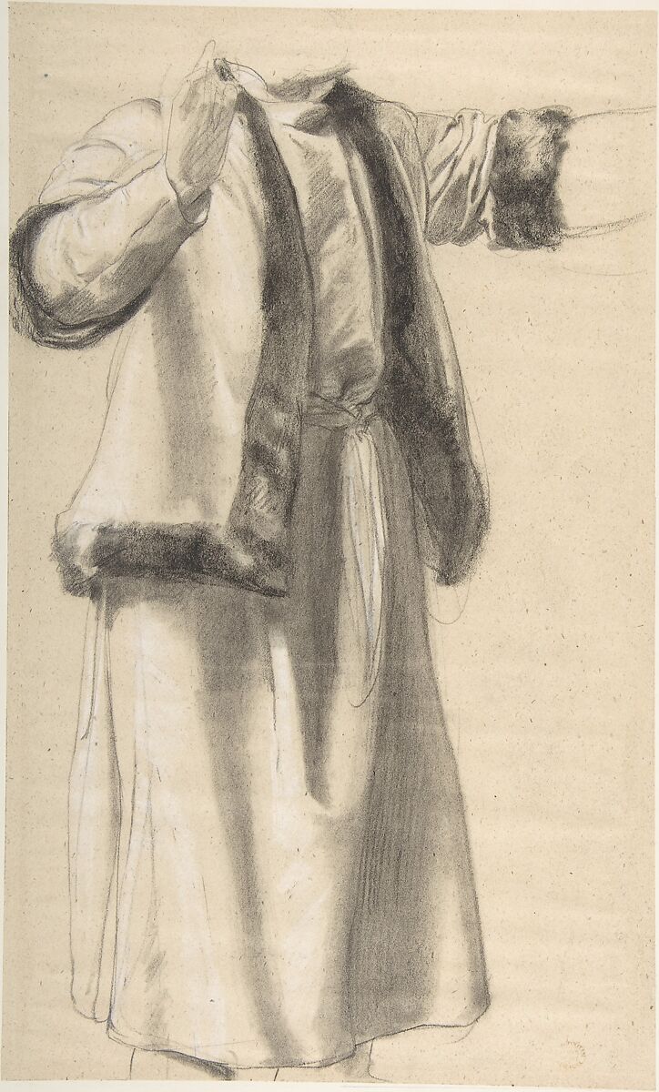 Figure in a Fur Trimmed Jacket, Romain Cazes (French, Saint-Béat 1808–1881 Saint-Gaudens), Black chalk highlighted with white chalk 