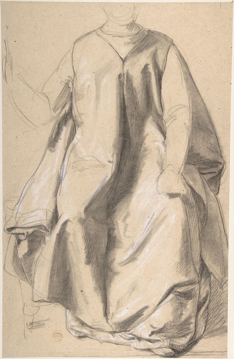 Figure in a Long Robe, Seated, Romain Cazes (French, Saint-Béat 1808–1881 Saint-Gaudens), Black chalk highlighted with white chalk 