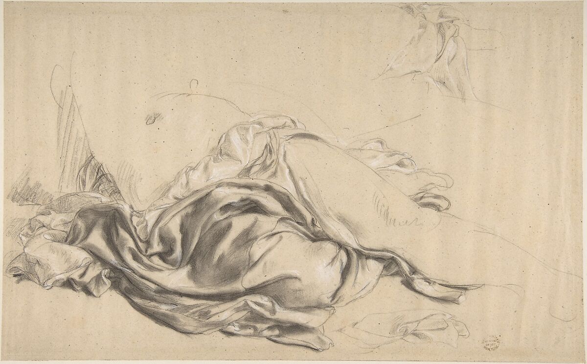 Study in Draperies, Romain Cazes (French, Saint-Béat 1808–1881 Saint-Gaudens), Black chalk highlighted with white chalk 