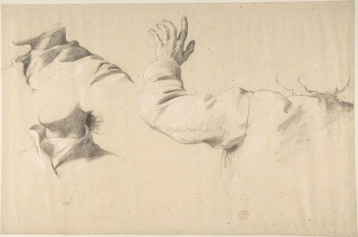 Studies of Drapery in Sleeve and Collars, Romain Cazes (French, Saint-Béat 1808–1881 Saint-Gaudens), Black chalk highlighted with white chalk 