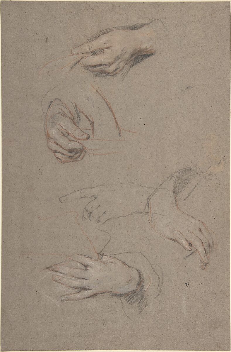 Studies of Hands, Sir Peter Lely (Pieter van der Faes) (British, Soest 1618–1680 London), Red, black, and white chalk 