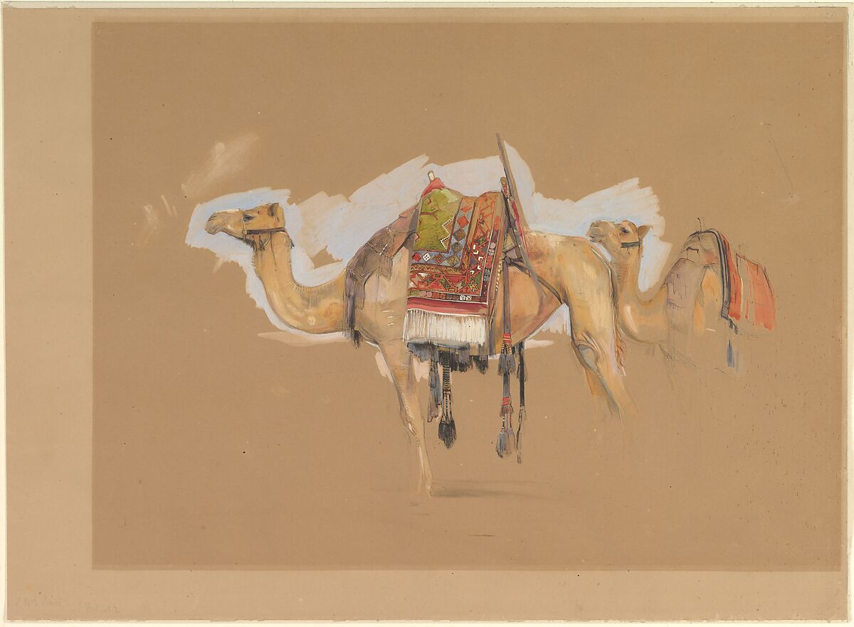 Two Camels, John Frederick Lewis (British, London 1804–1876 Walton-on-Thames), Watercolor and  gouache (bodycolor) over black chalk on brownish paper