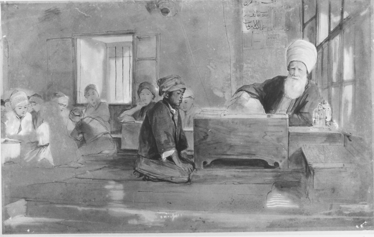 Arab School, John Frederick Lewis (British, London 1804–1876 Walton-on-Thames), Watercolor and  gouache (bodycolor) over black chalk on brownish paper