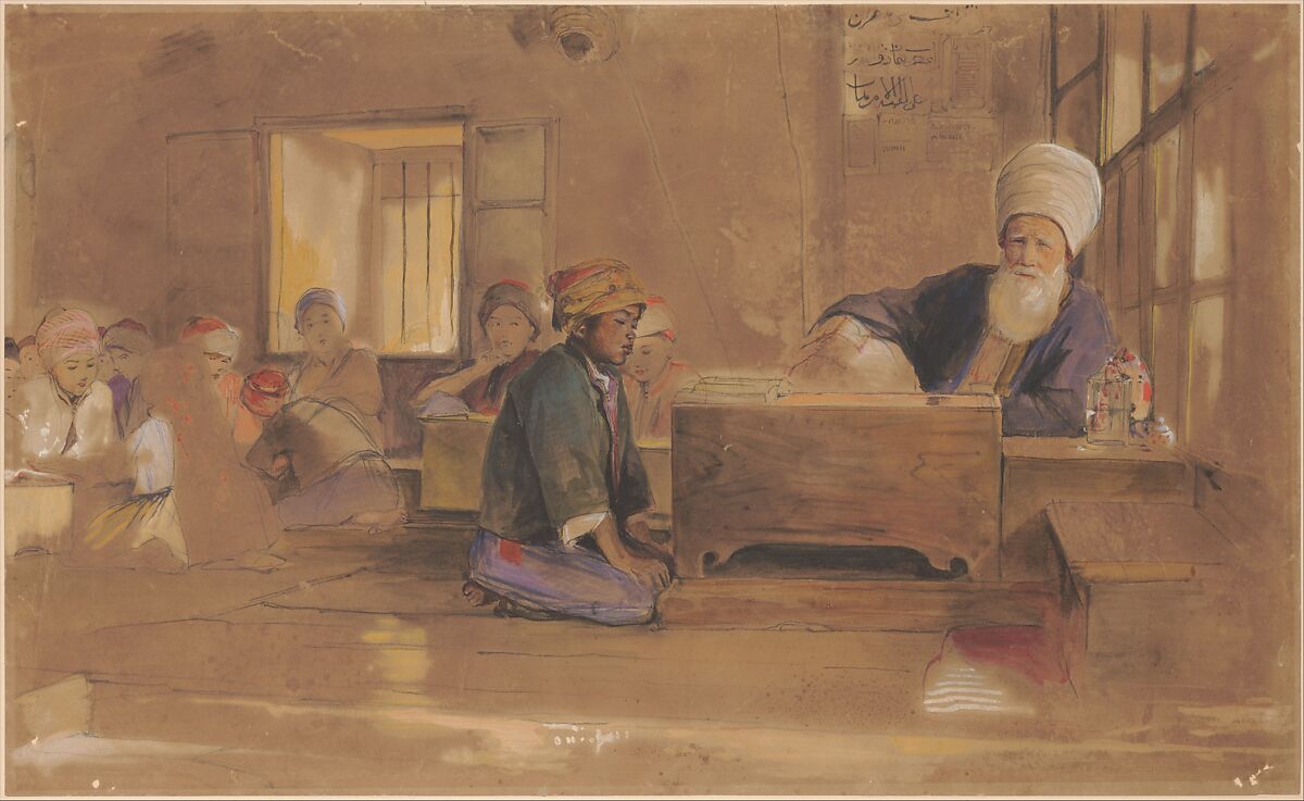 Arab School, John Frederick Lewis (British, London 1804–1876 Walton-on-Thames), Watercolor and  gouache (bodycolor) over black chalk on brownish paper