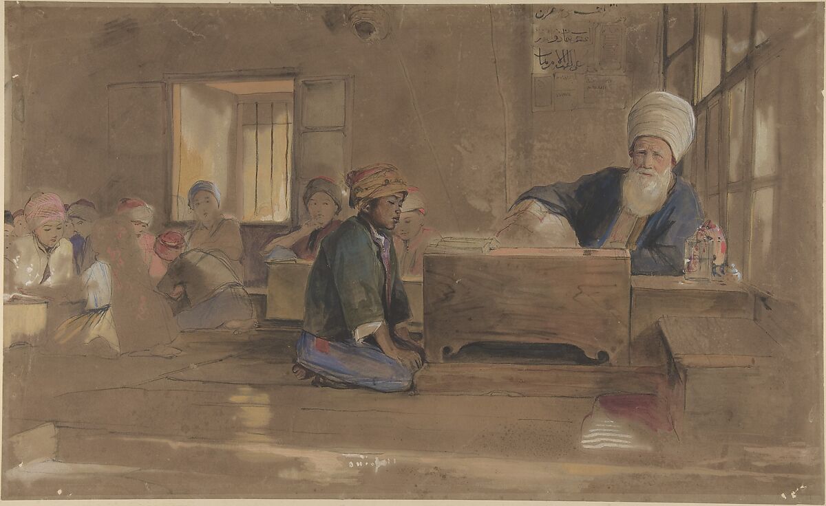 Arab School, John Frederick Lewis (British, London 1804–1876 Walton-on-Thames), Watercolor and  gouache (bodycolor) over black chalk on brownish paper 