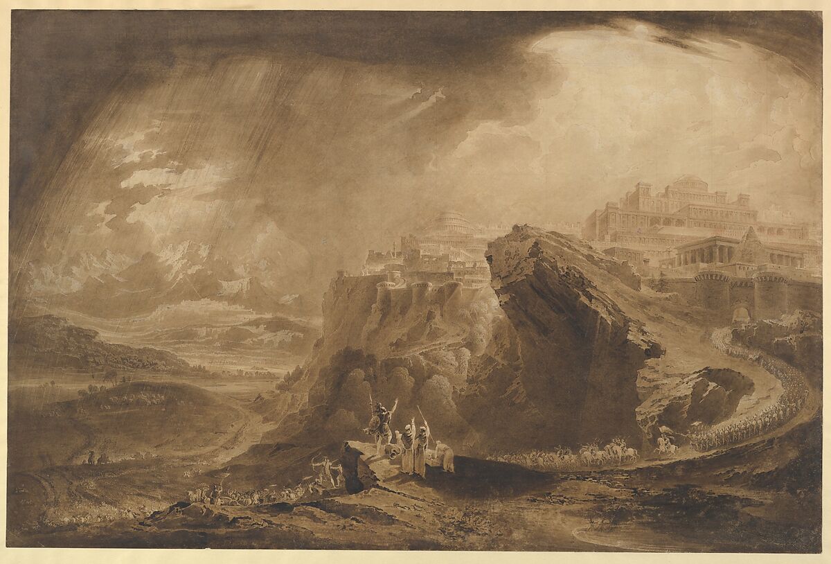 Joshua Commanding the Sun to Stand Still Upon Gibeon (Joshua: 10: 12–14), John Martin (British, Haydon Bridge, Northumberland 1789–1854 Douglas, Isle of Man), Pen and brown ink, brush and brown wash over red chalk, heightened with white, squared in black chalk 