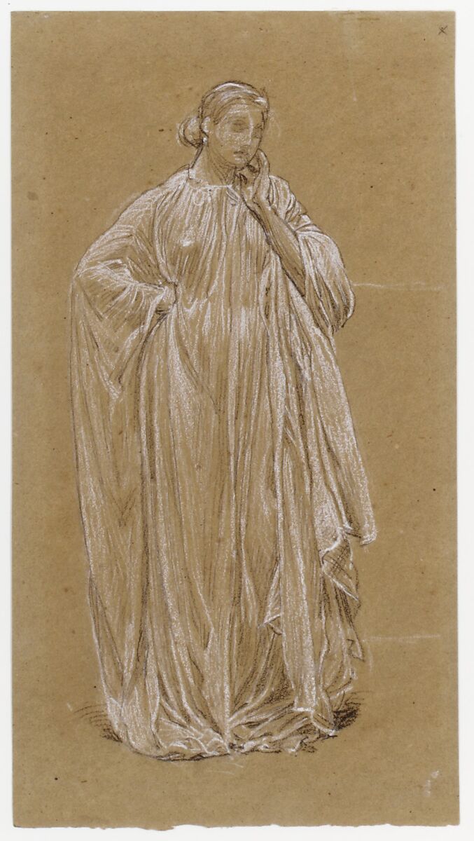 Draped Model, Albert Joseph Moore (British, York 1841–1893 London), Black and white chalk on brown paper