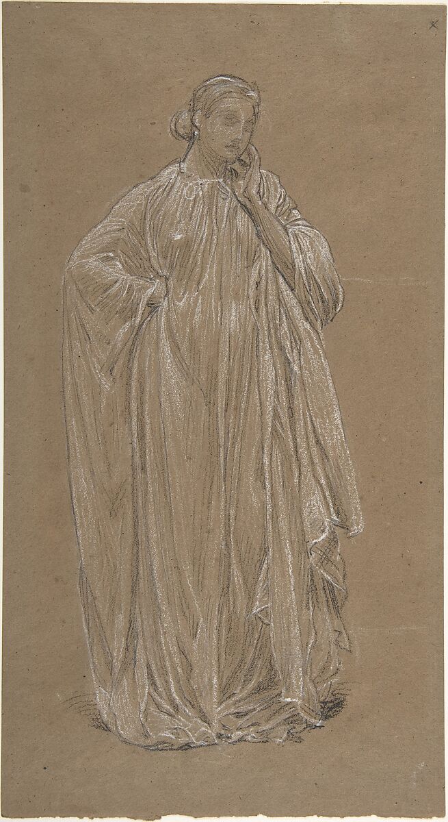 Draped Model, Albert Joseph Moore (British, York 1841–1893 London), Black and white chalk on brown paper 