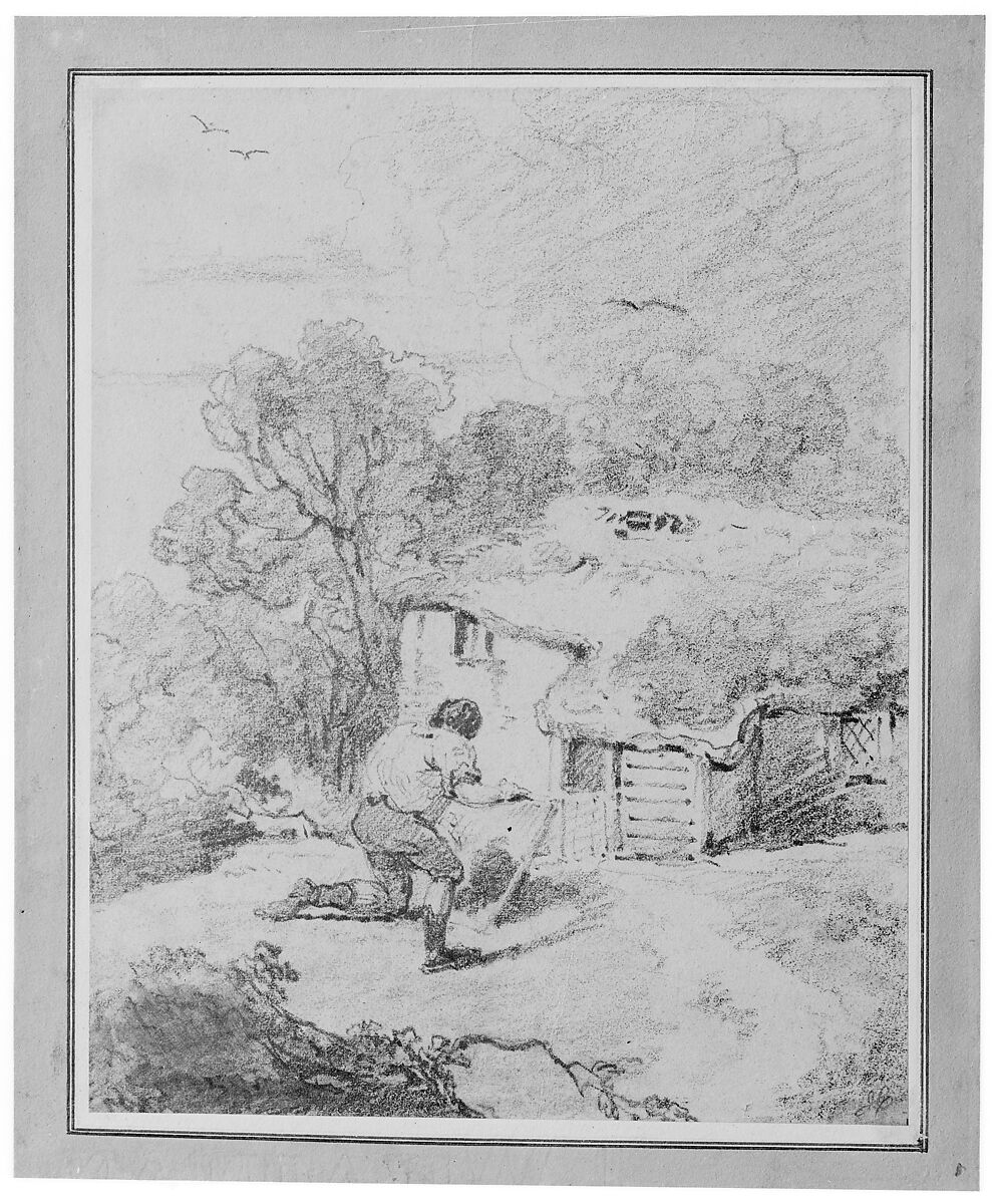 Landscape with Figure, Attributed to George Morland (British, London 1763–1804 London), Black chalk on off-white wove paper, laid on gray wash-line mount