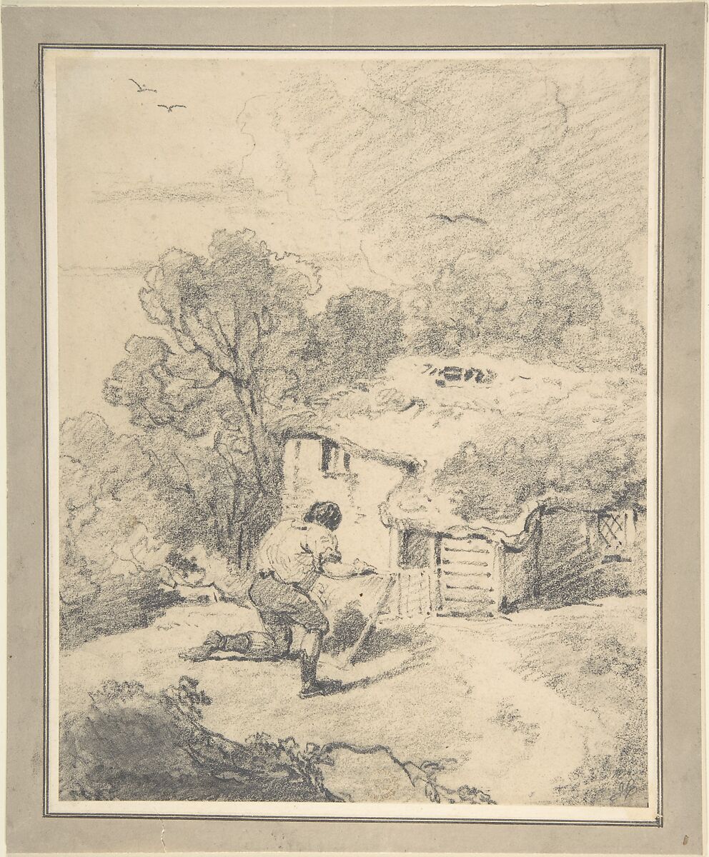 Landscape with Figure, Attributed to George Morland (British, London 1763–1804 London), Black chalk on off-white wove paper, laid on gray wash-line mount 
