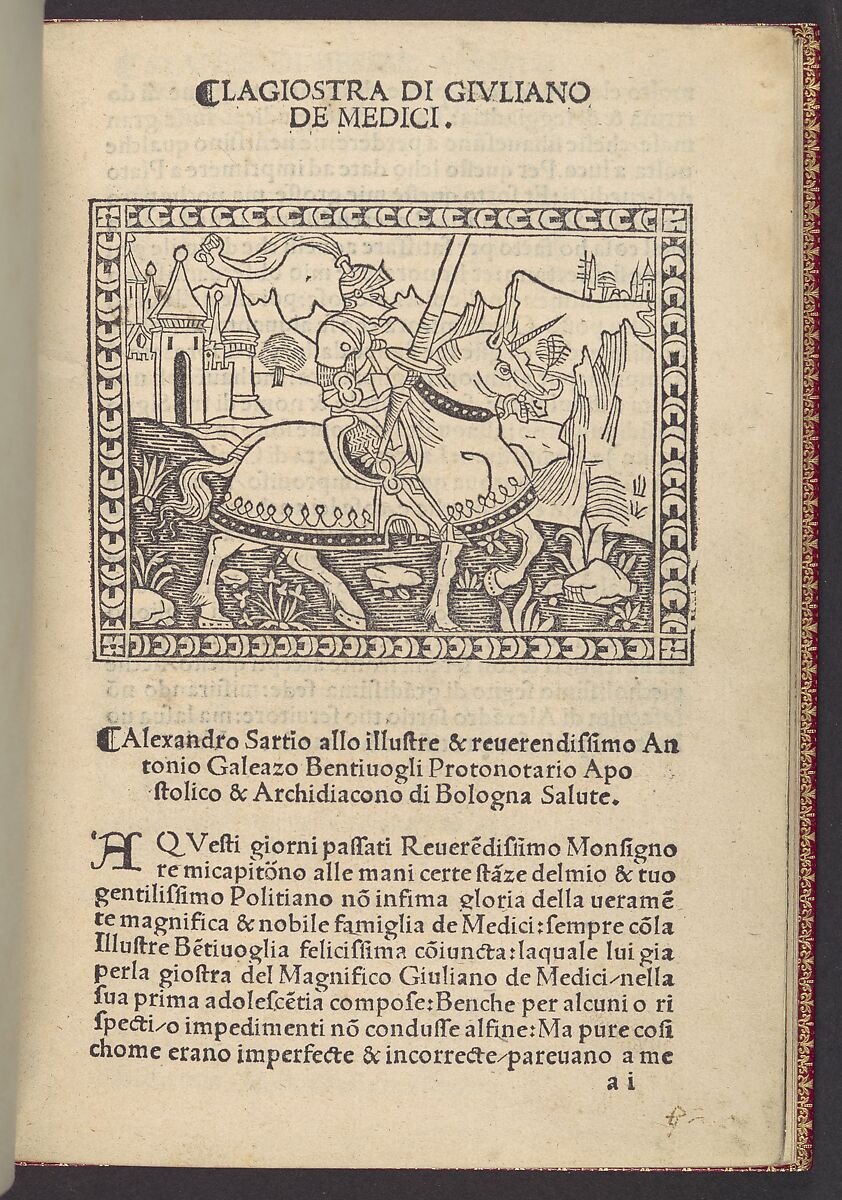 La Giostra di Giuliano de Medici..., Angelo Poliziano (Italian, Montepulciano 1454–1494 Florence), Printed book with woodcut illustrations 